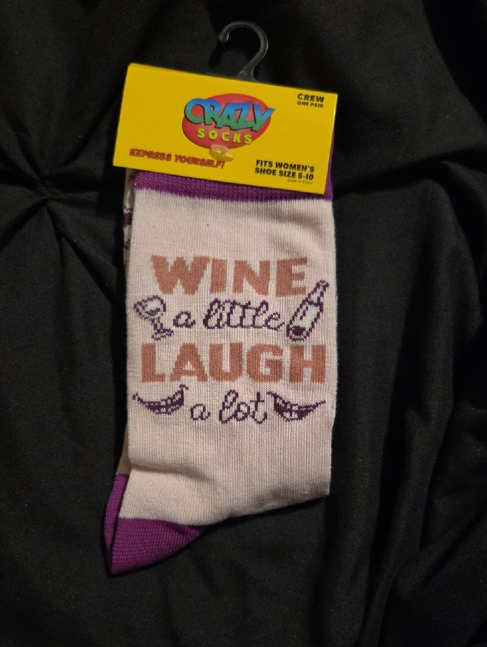 Women's Crew Socks - Pink with Purple Accents, 'Wine a Little, Laugh a Lot'